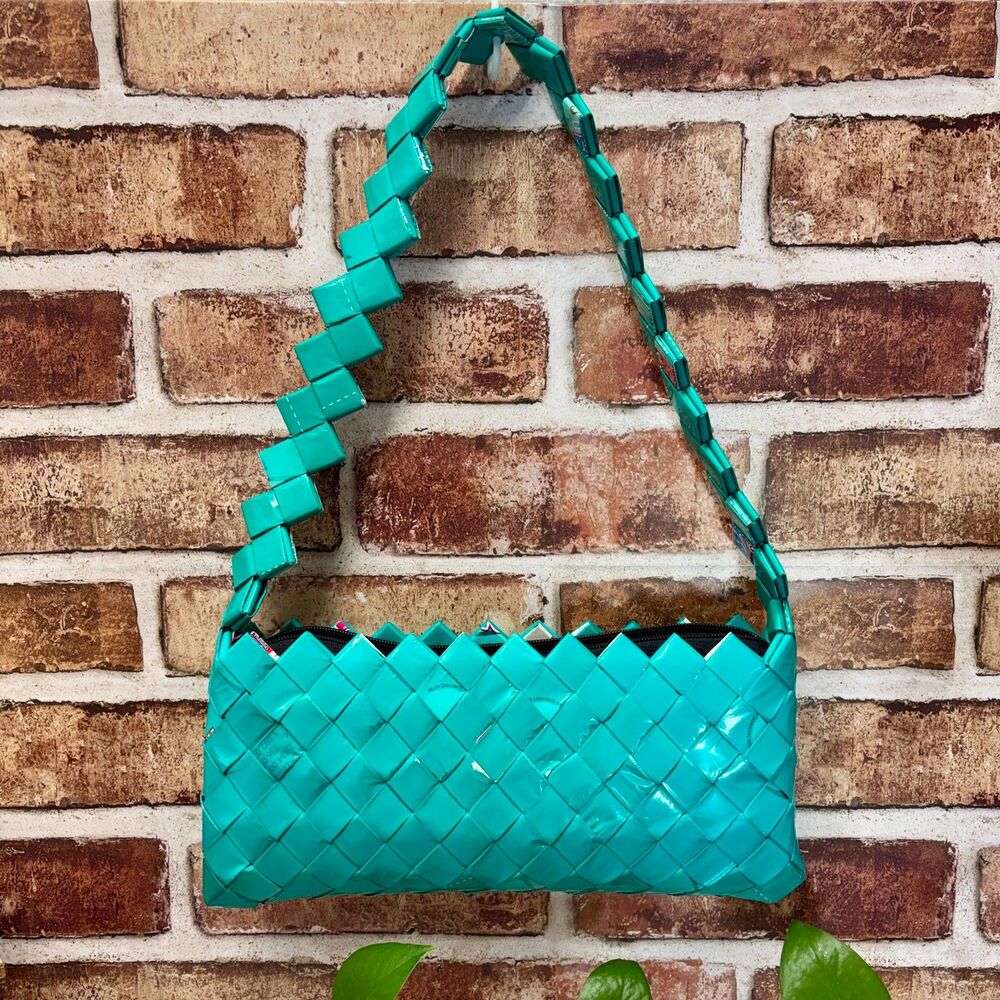 VTG Handmade Upcycled Bimbo Wrapper Woven Shoulder Bag Turquoise Wearable Art